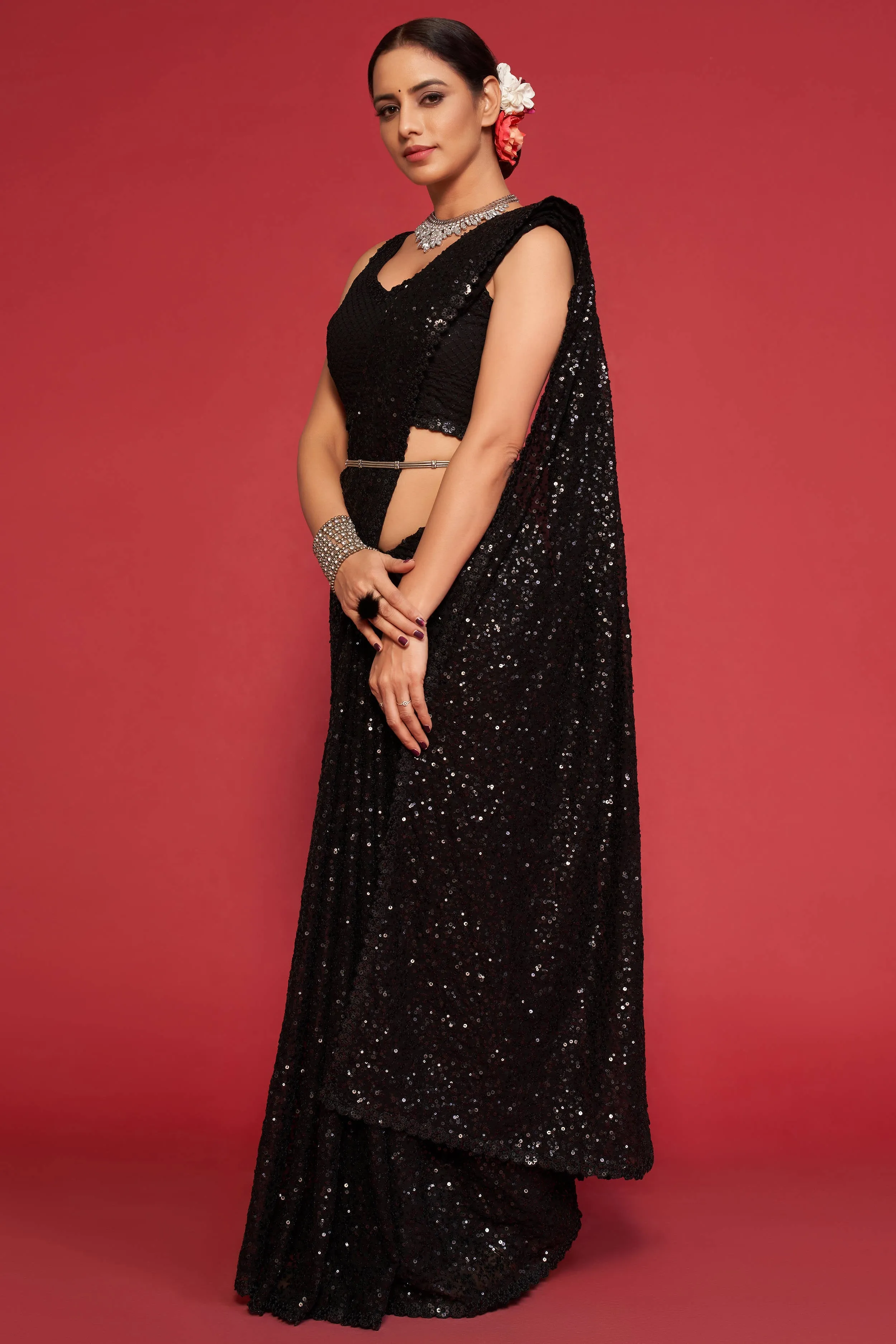 Adorable Black Sequined Georgette Party Wear Saree