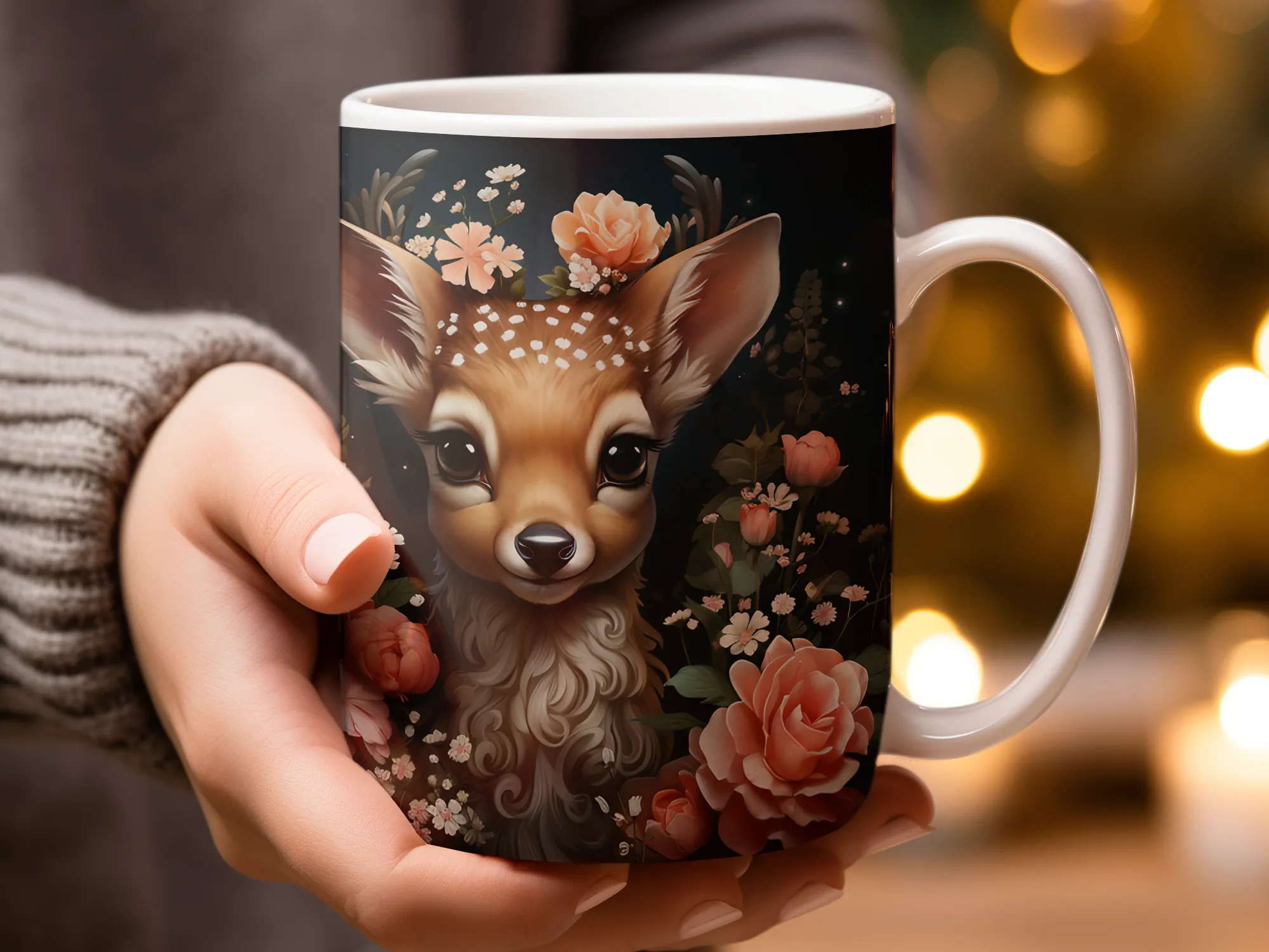 Adorable Deer Surrounded by Pink Flowers Mug, Coffee Mug, Cute Animal Mug, Gifts for Her, Deer Coffee Mug