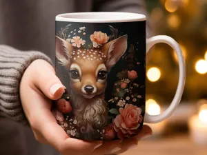 Adorable Deer Surrounded by Pink Flowers Mug, Coffee Mug, Cute Animal Mug, Gifts for Her, Deer Coffee Mug