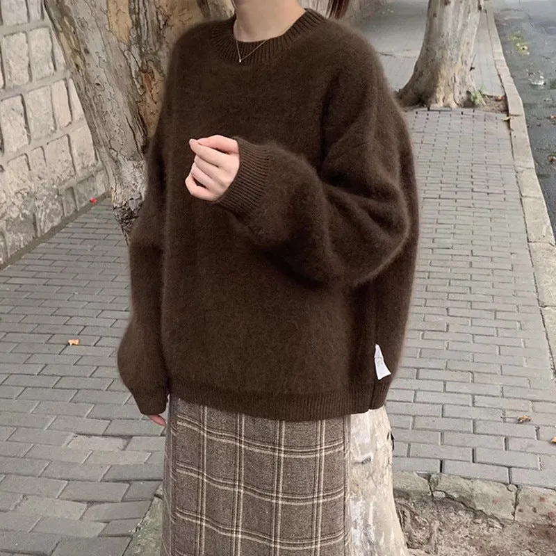 Advbridge olivia rodrigo costume Women's Faux Mink Velvet Sweater Autumn and Winter Loose Soft Glutinous Lazy Wind Outerwear Mohair Sweater round Neck Top Thickened