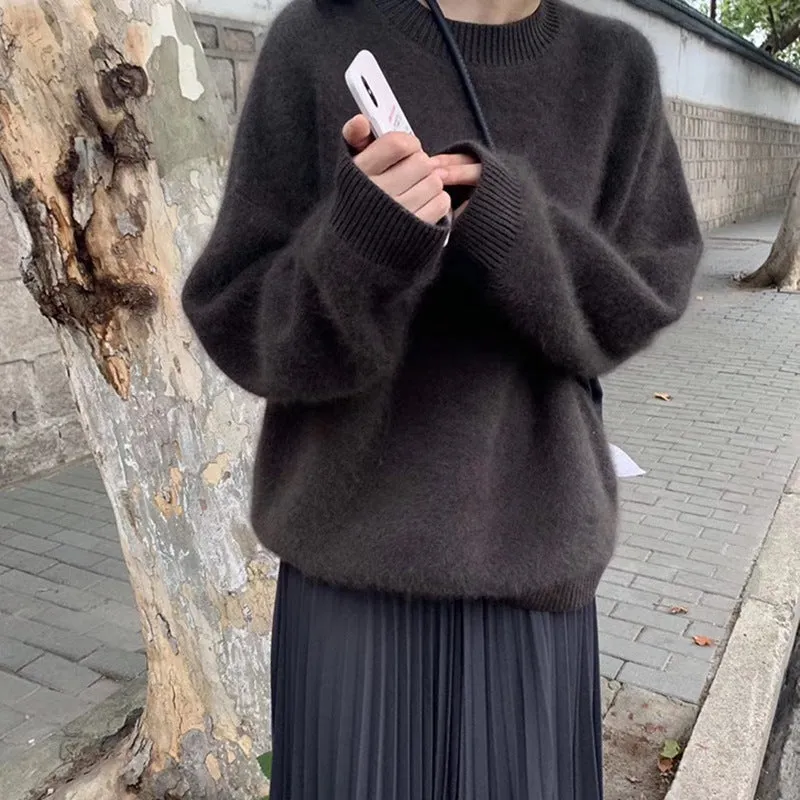 Advbridge olivia rodrigo costume Women's Faux Mink Velvet Sweater Autumn and Winter Loose Soft Glutinous Lazy Wind Outerwear Mohair Sweater round Neck Top Thickened
