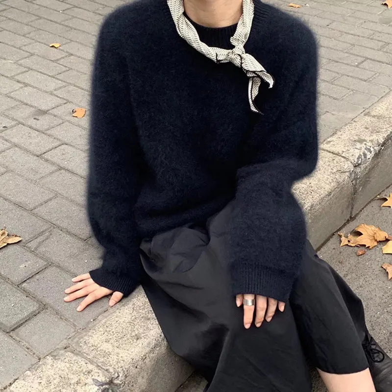 Advbridge olivia rodrigo costume Women's Faux Mink Velvet Sweater Autumn and Winter Loose Soft Glutinous Lazy Wind Outerwear Mohair Sweater round Neck Top Thickened