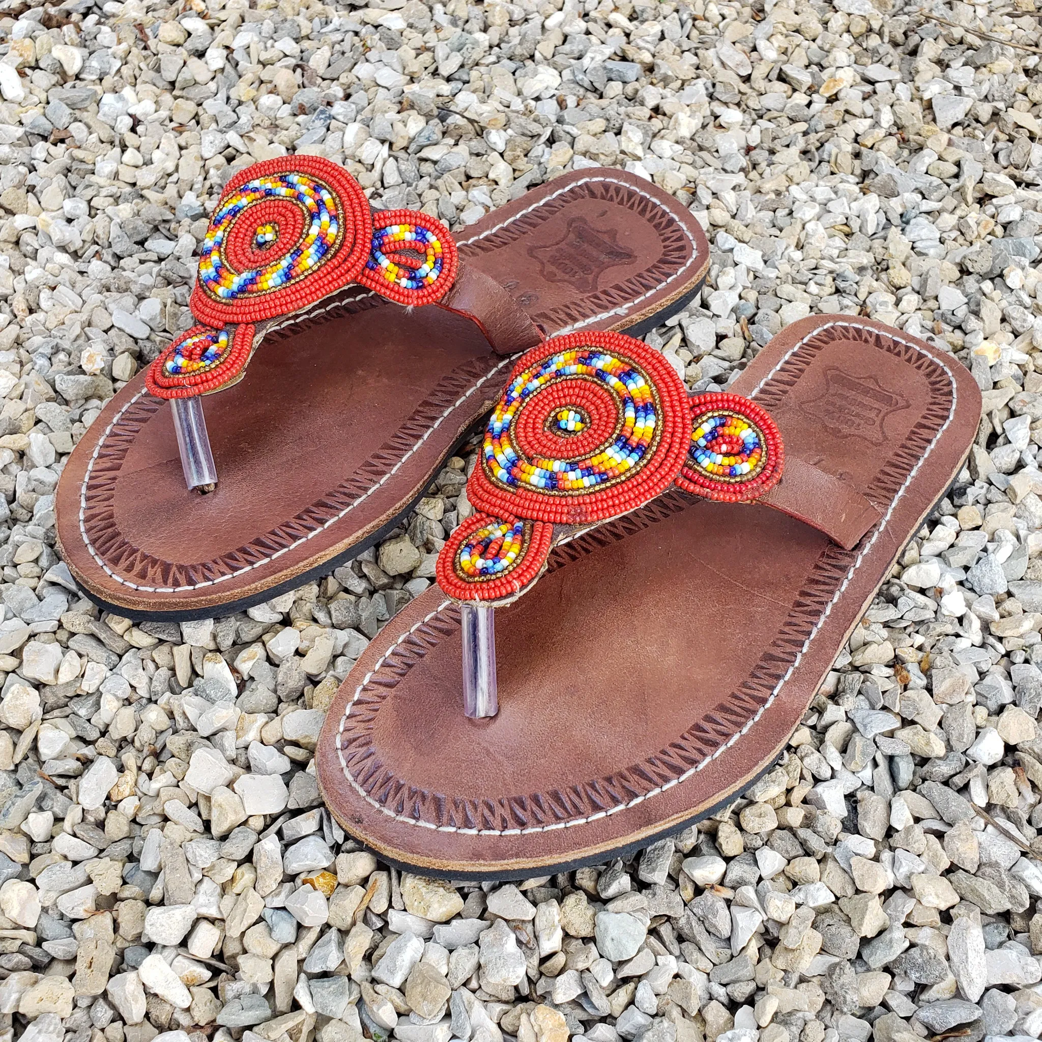 African Beaded Leather Sandals:  EU 37 ( US 6-7 ) Bright, Bold Patterns
