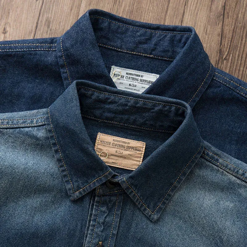 Aidase American Vintage Washed Denim Shirts for Men High Quality 100% Cotton Workwear Tough Guys Autumn Long Sleeve Male Tops