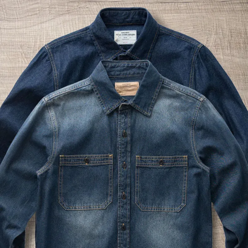 Aidase American Vintage Washed Denim Shirts for Men High Quality 100% Cotton Workwear Tough Guys Autumn Long Sleeve Male Tops