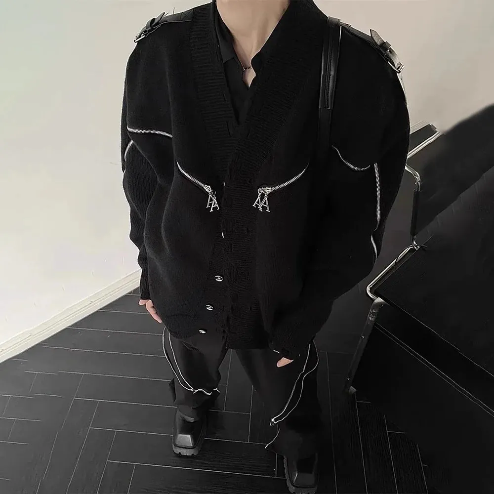 Aidase Mens Autumn Winter American Retro Deconstructed Y2k Zipper Knitted Sweater Genderless Essential Casual Trendy Street Sweater