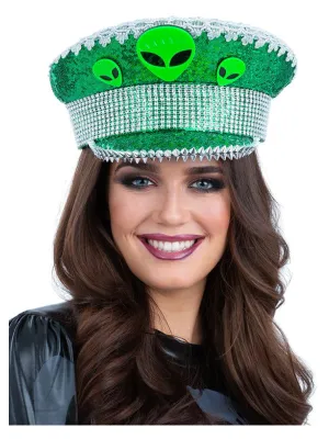Alien Sequin Captains Hat Green Heads