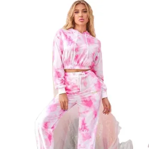 AliExpress Independent Station Wish Ladies Suit Tie-dye Drawstring Hooded Sports Suit