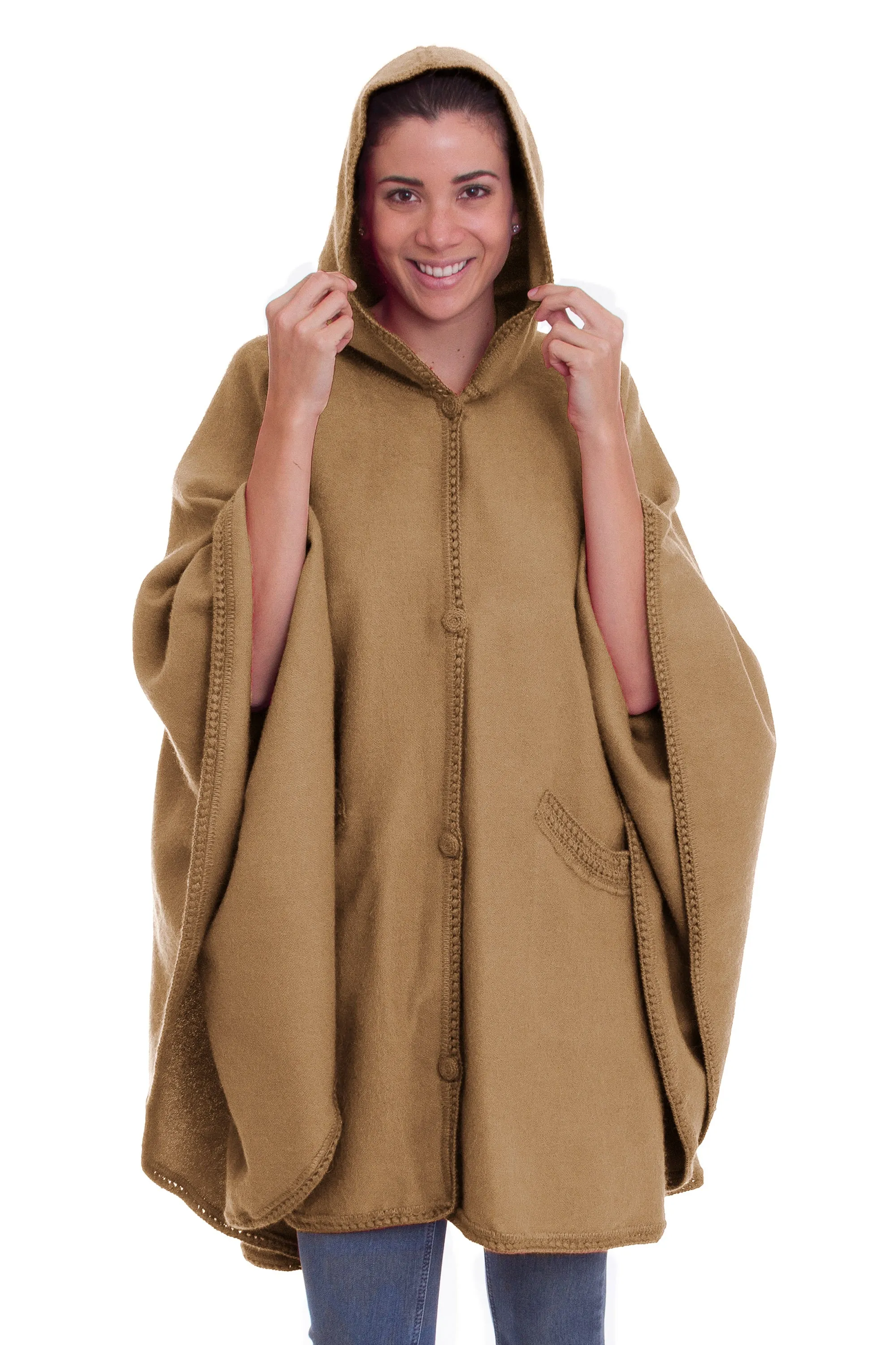 Alpaca Blend Beige Cape with Buttons and Pockets from Peru - Beige Divine | NOVICA