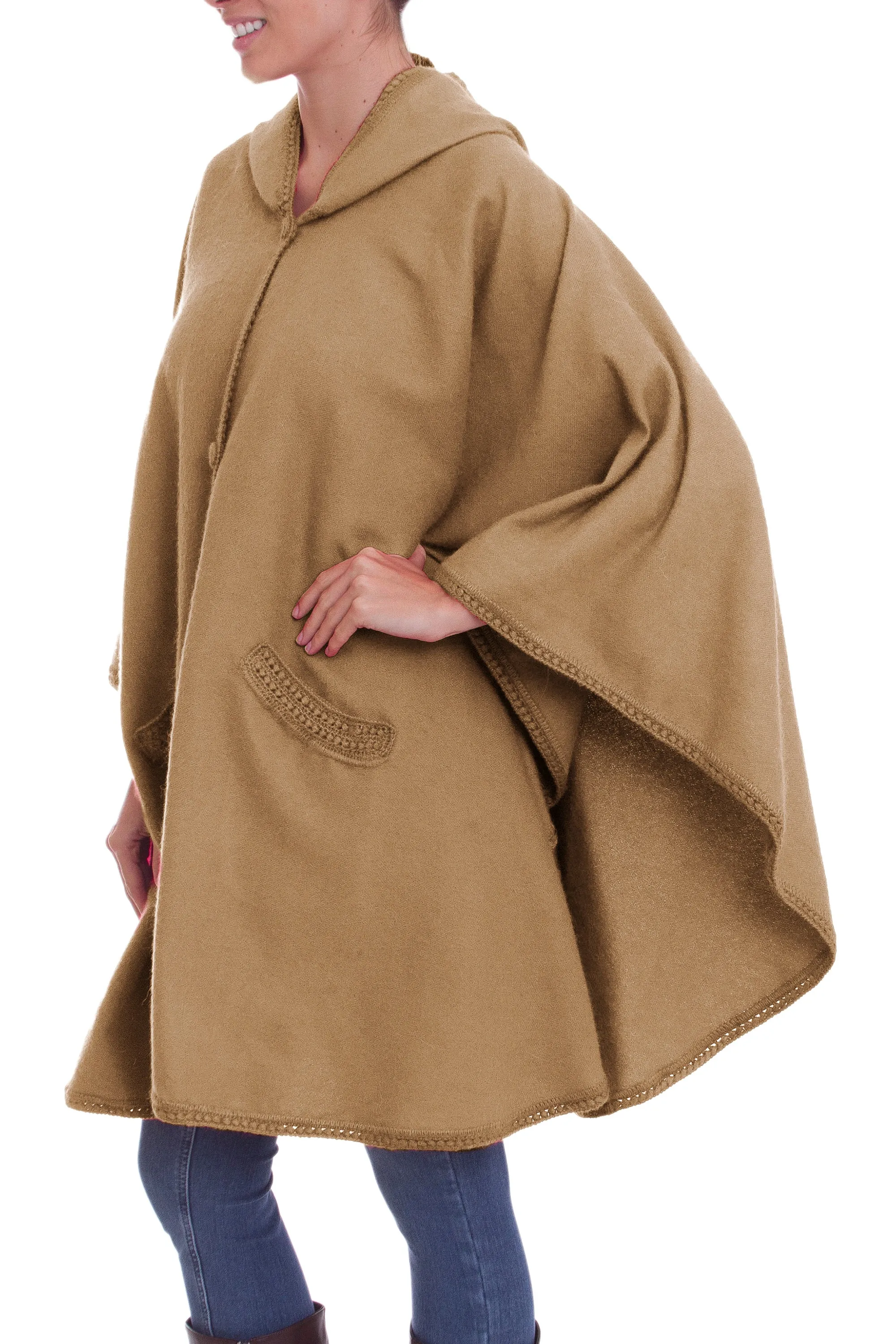 Alpaca Blend Beige Cape with Buttons and Pockets from Peru - Beige Divine | NOVICA
