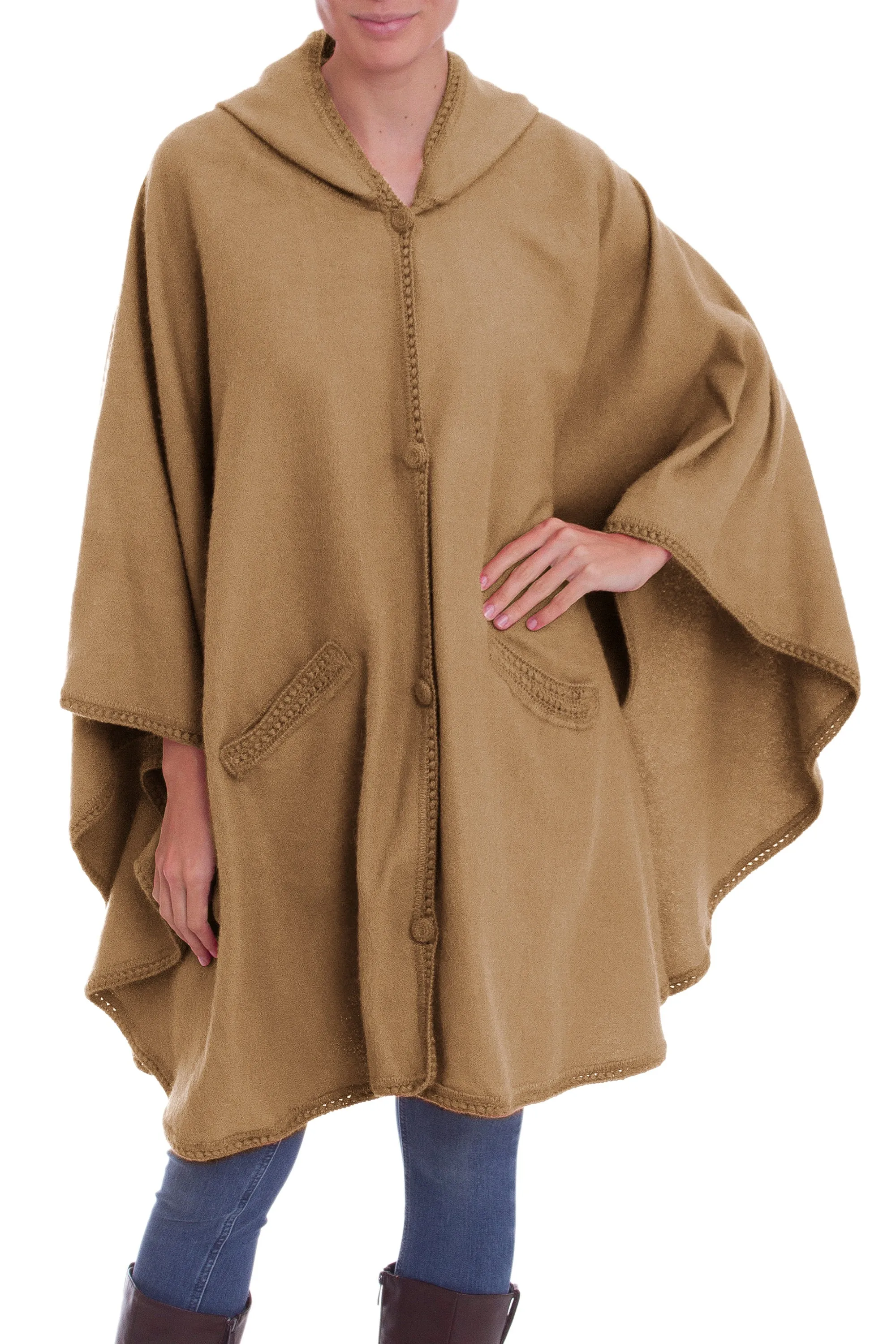 Alpaca Blend Beige Cape with Buttons and Pockets from Peru - Beige Divine | NOVICA