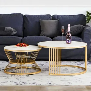 amaflip Harvy Nesting Coffee Table with Real Marble for Living Room Home Office in Gold Finish (Set of 2)