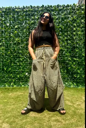 Amani Cowl Handloom Cotton Pants With Elastic- Blue Stripe