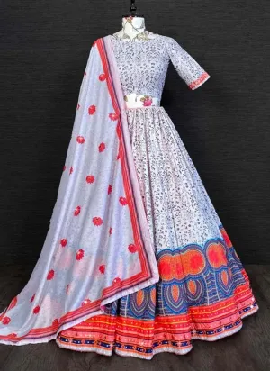 Amazing Silk Material White Color Mirror Work Printed Lehenga Choli