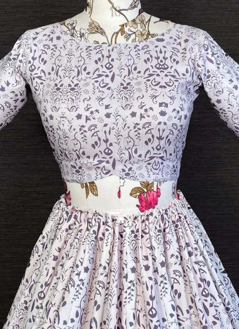 Amazing Silk Material White Color Mirror Work Printed Lehenga Choli