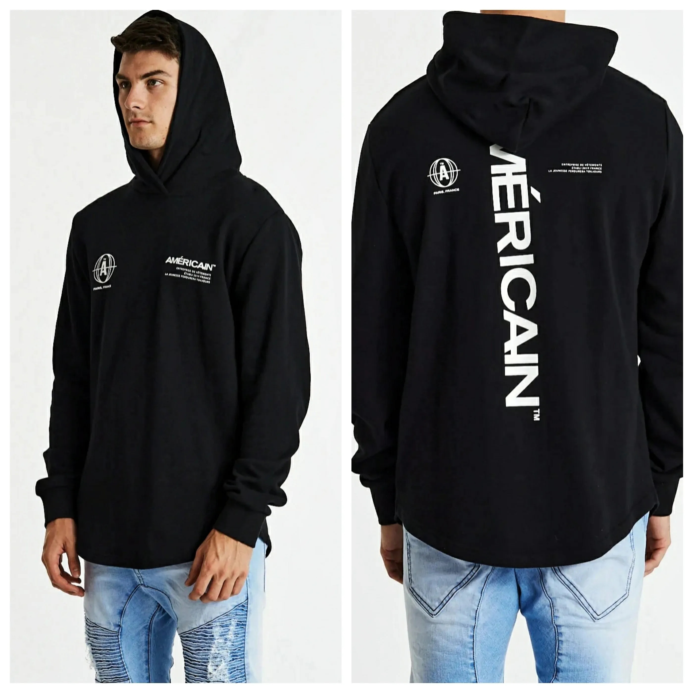 AMERICAIN Mens Testeur Dual Curved Hem Hoodie Jet Black