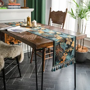 American Vintage Table Runner Yarn-Dyed Jacquard Tropical Rainforest Tassel Household Polyester Tablecloth Table Runner Tailstock Flag