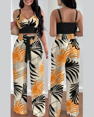 Amozae Two Piece Sets Womens Outifits Summer Fashion Printed Suspenders V Neck Sleeveless Crop Top & Casual Wide-Leg Long Pants Set