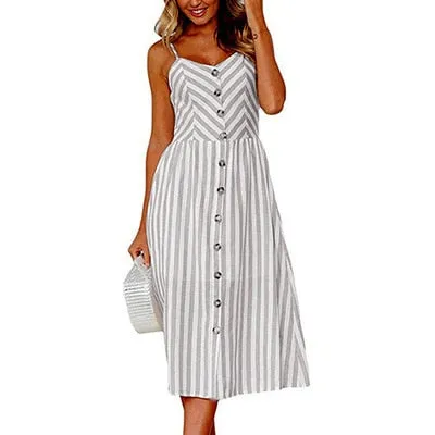 Amy Fashion - Backless Sleeveless Striped Dot Print Solid Dress