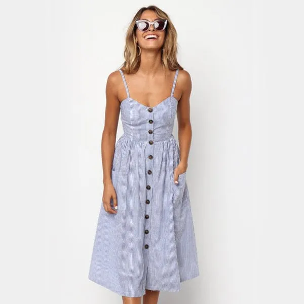 Amy Fashion - Backless Sleeveless Striped Dot Print Solid Dress