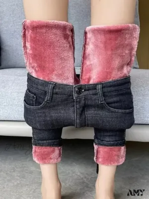 Amy Fashion - Thickened Plush Elastic Slim Pencil Winter Wool Insulation Fur Plush Jean
