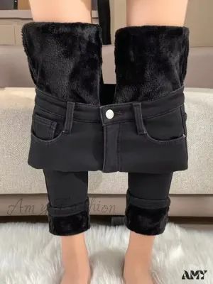 Amy Fashion - Thickened Plush High Waist Elastic Slim Pencil Winter Wool Insulation Fur Plush Jean
