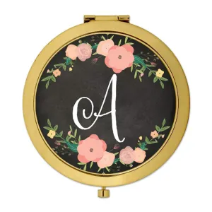 Andaz Press Pink Peach Florals on Chalkboard Monogram Gold Compact Mirror