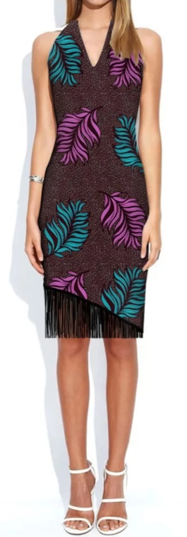 Ankara V-Neck Halter Dress with Tassels