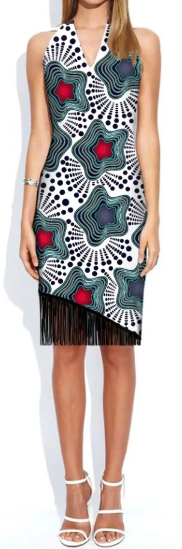 Ankara V-Neck Halter Dress with Tassels