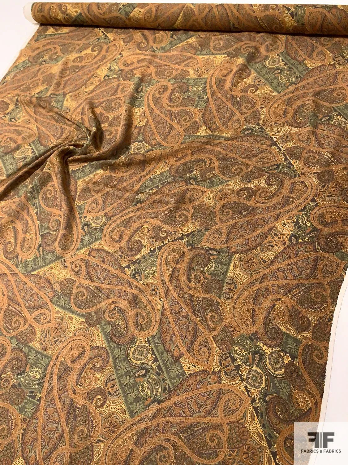 Antique Paisley Printed Silk Georgette - Caramel / Browns / Greens