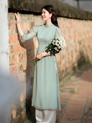 Ao Dai Vietnam Cyan Pearl Puffy Sleeve Chiffon Include Ao Dai Top And Pants