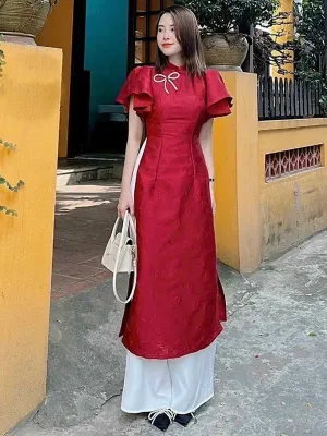 Ao Dai Vietnam Red Wing Sleeve With Bow Pin Include Ao Dai Top And Pants