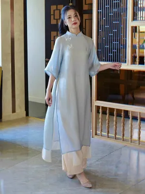 Ao Dai Vietnam Shifted Light Blue 3D Butterflies Ao Dai Top And Pants