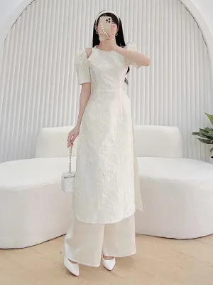 Ao Dai Vietnam White Pearl Cut-Out Puffy Sleeve Include Ao Dai Top And Pants