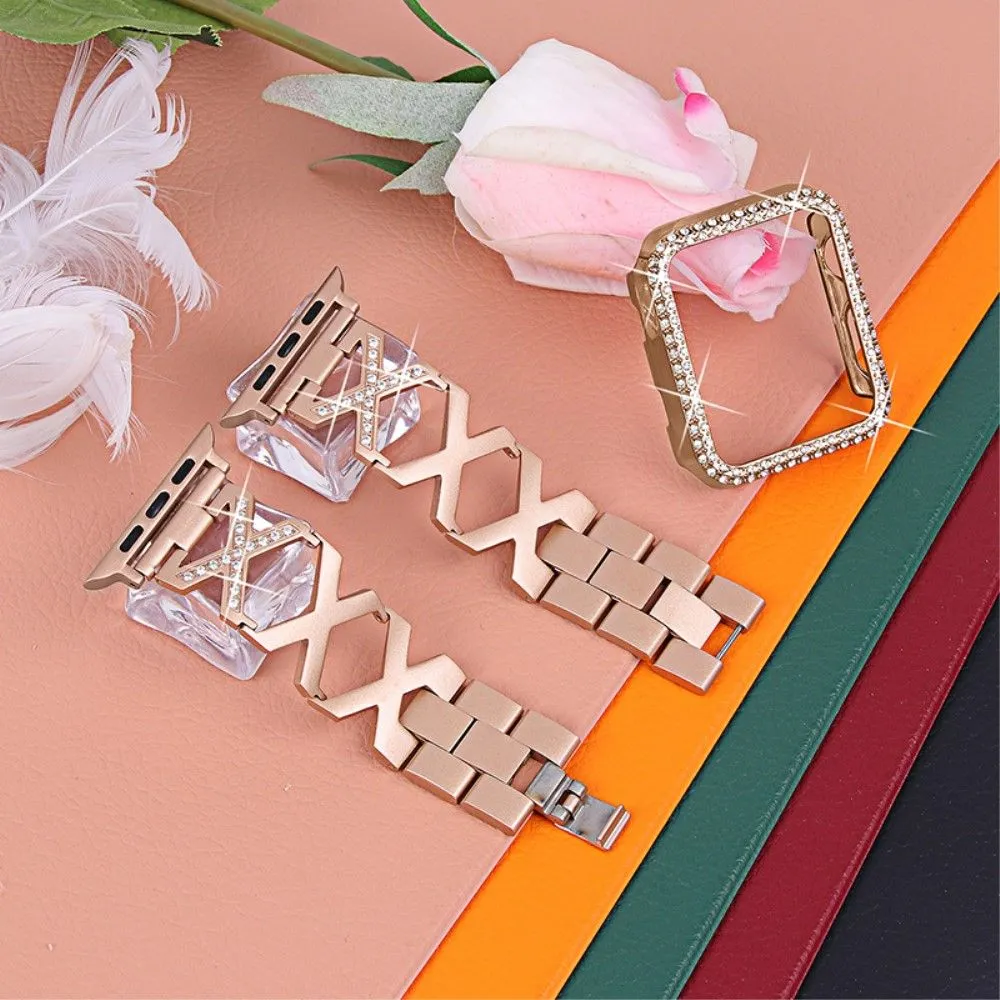 Apple Watch (45mm) rhinestone cover   X design watch strap - Rose Gold
