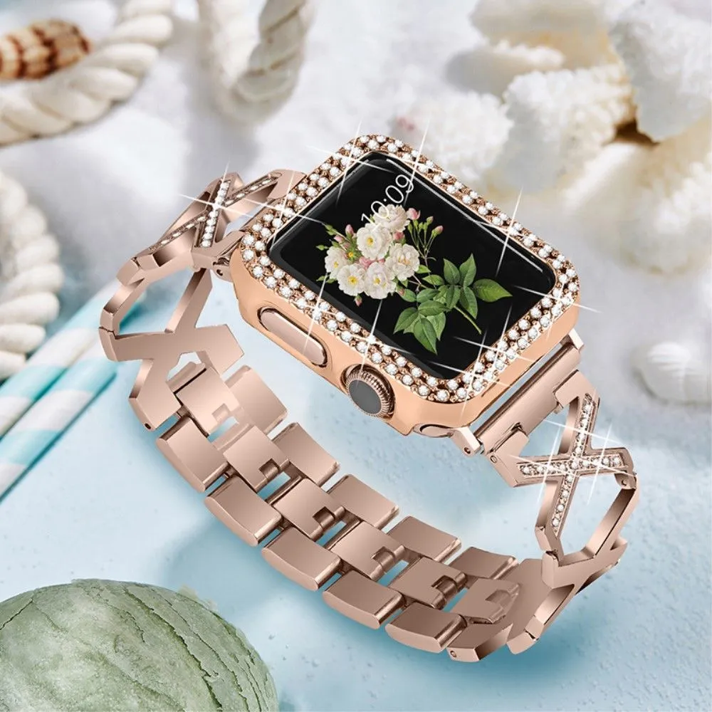 Apple Watch (45mm) rhinestone cover   X design watch strap - Rose Gold