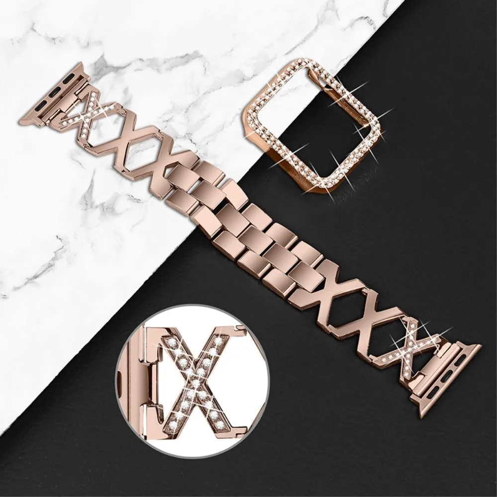 Apple Watch (45mm) rhinestone cover   X design watch strap - Rose Gold