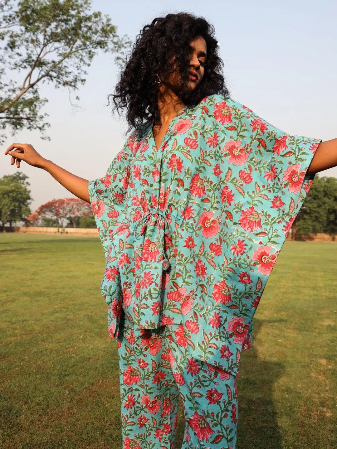 Aqua Cotton Block Print Kaftan Co-Ord Set