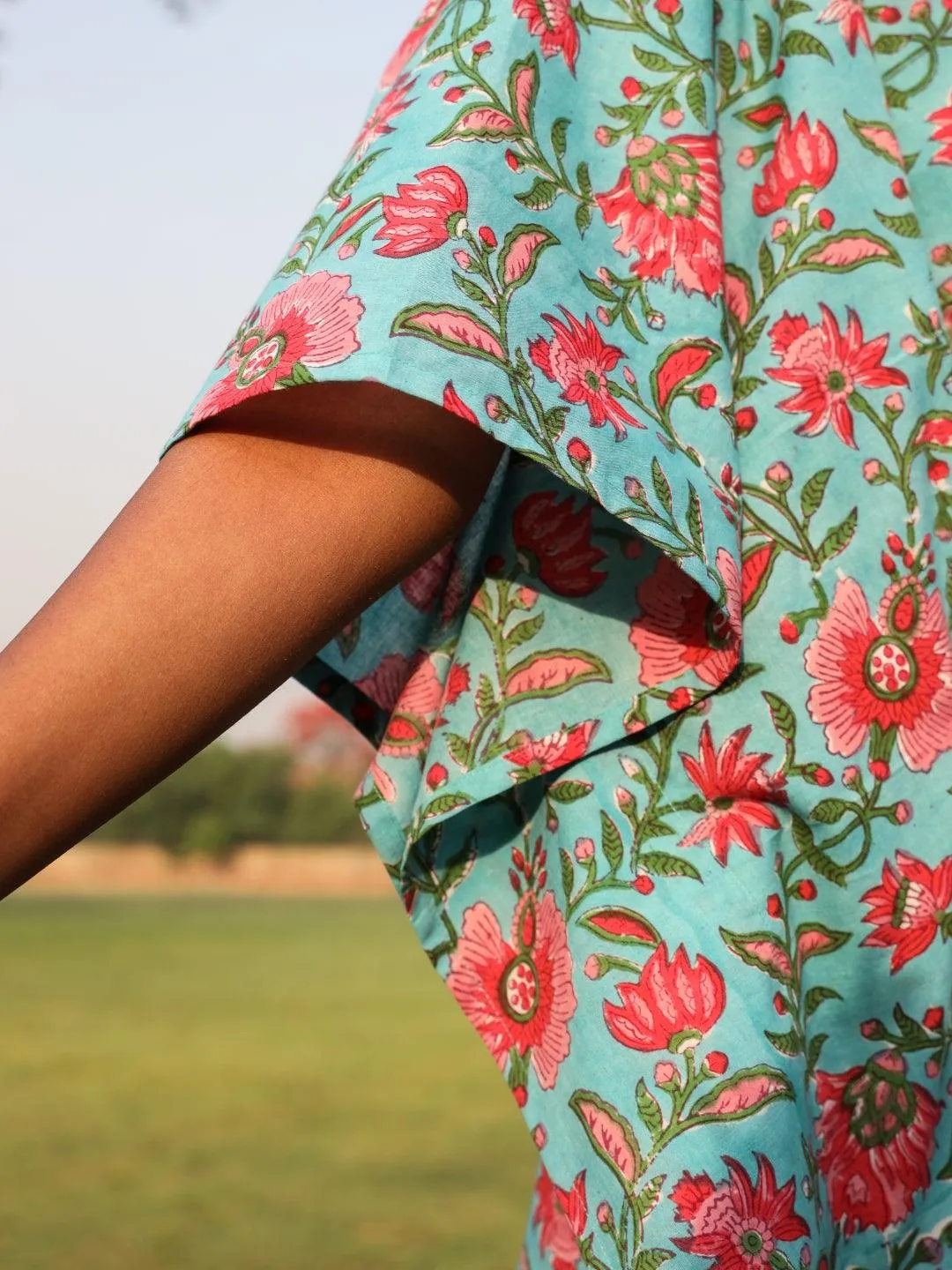 Aqua Cotton Block Print Kaftan Co-Ord Set