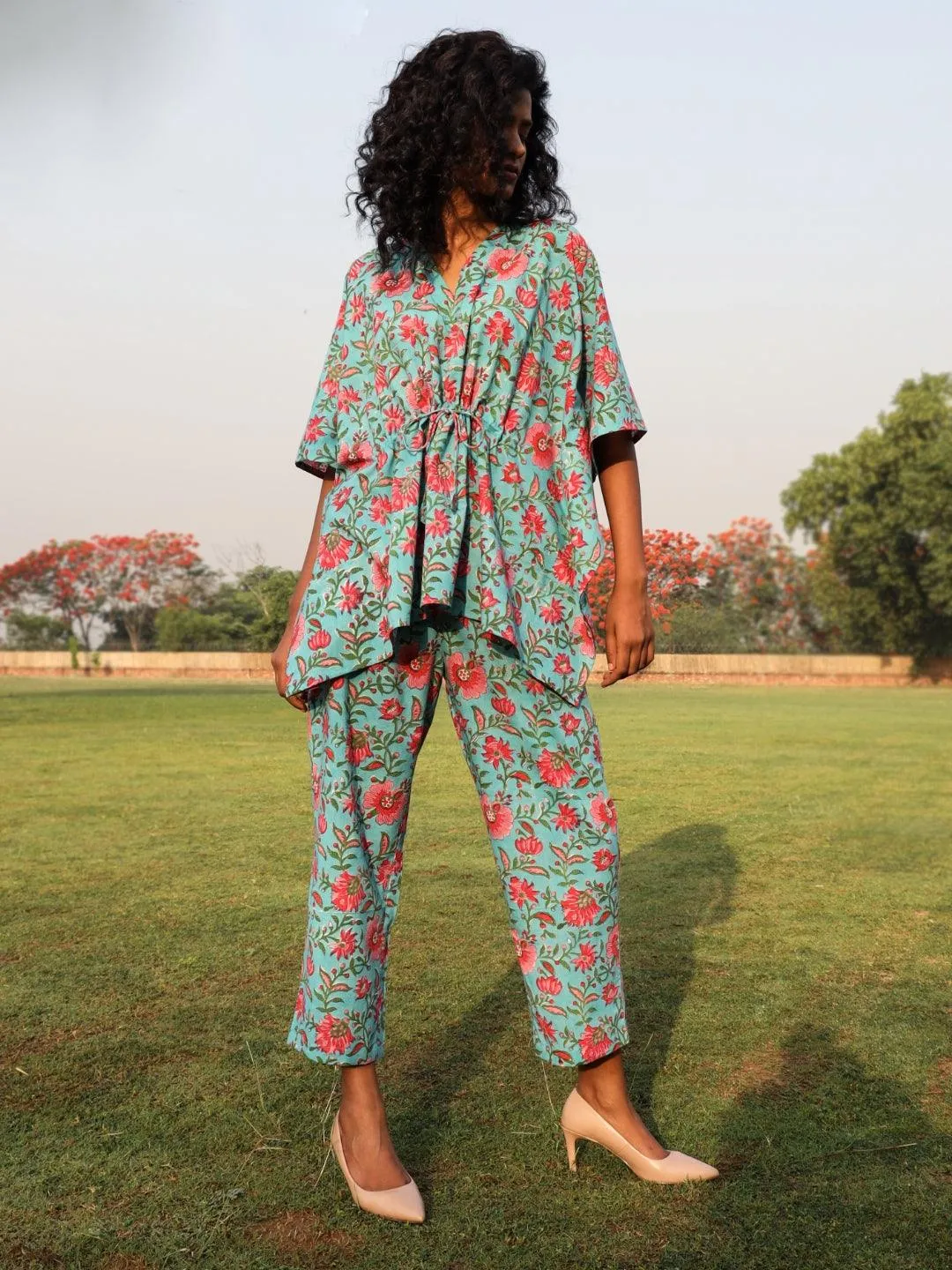 Aqua Cotton Block Print Kaftan Co-Ord Set