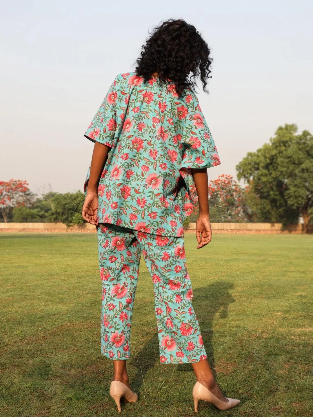 Aqua Cotton Block Print Kaftan Co-Ord Set