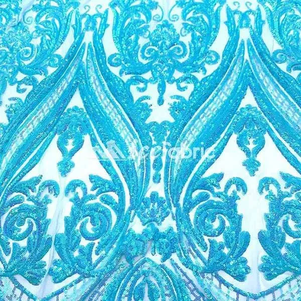 Aqua, Turquoise Geometric Sequin Fabric _ Embroidered 4 Way Stretch Mesh