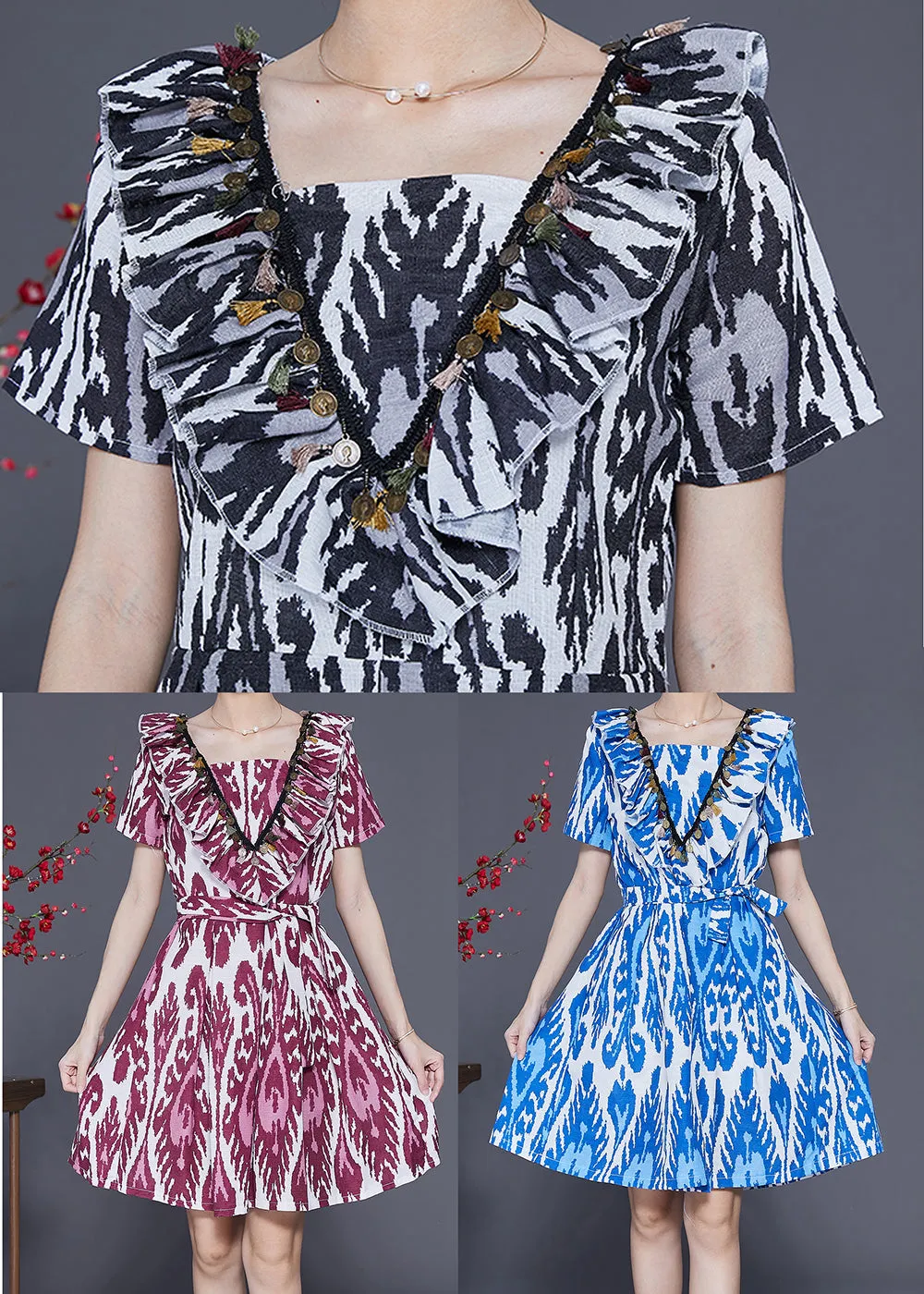 Art Black Ruffled Patchwork Print Linen Dress Summer LY3701