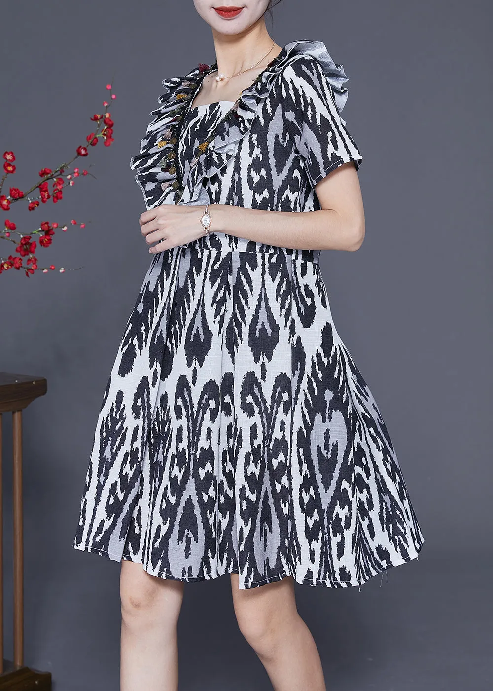 Art Black Ruffled Patchwork Print Linen Dress Summer LY3701