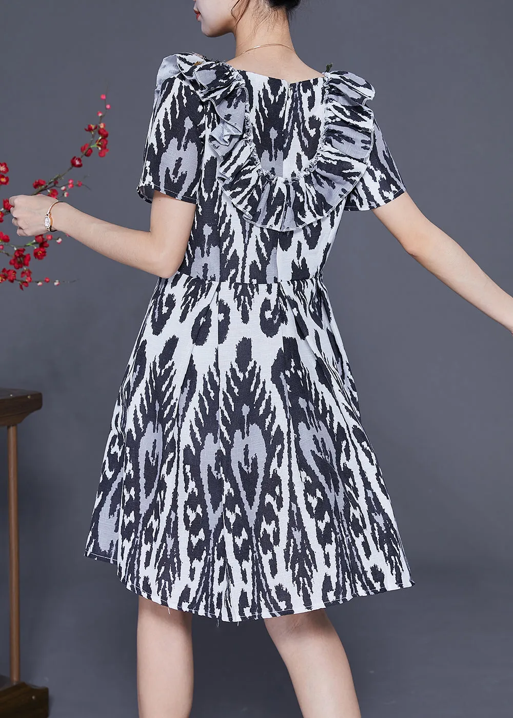 Art Black Ruffled Patchwork Print Linen Dress Summer LY3701