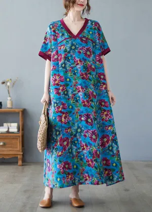 Art Blue Print Patchwork Cozy Long Dresses Summer LY6572