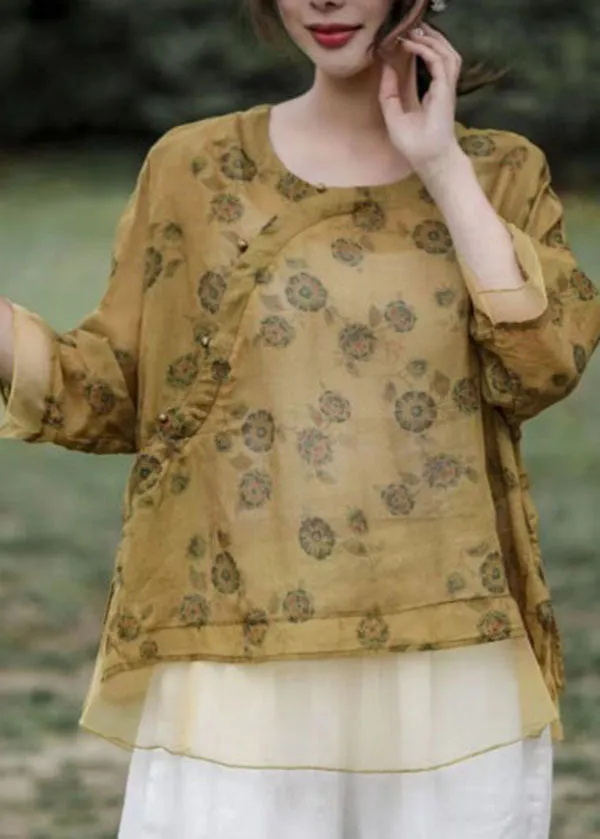 Art Yellow O Neck Print Organza Patchwork Linen Top Summer LY4020