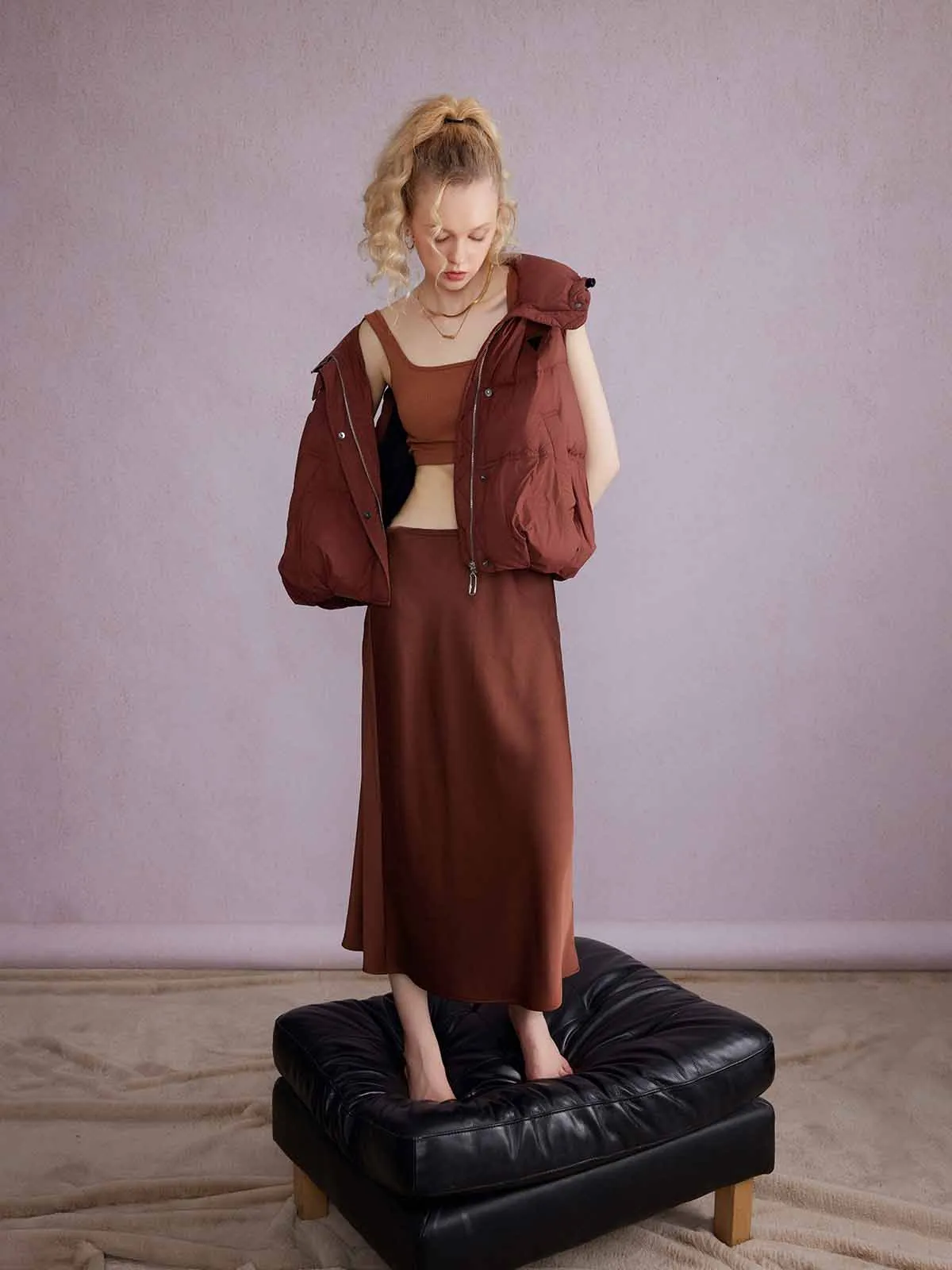 ASOBIO Mid-Rise Satin Maxi Skirt