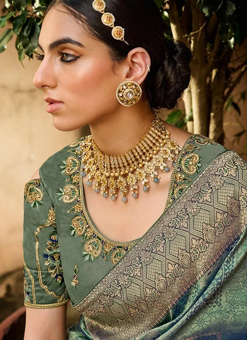 Astonishing Green Color Silk Material Silk Weave Saree