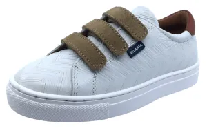 Atlanta Mocassin Boy's Leather Hook and Loop Sneakers, Cream/Tan Leather